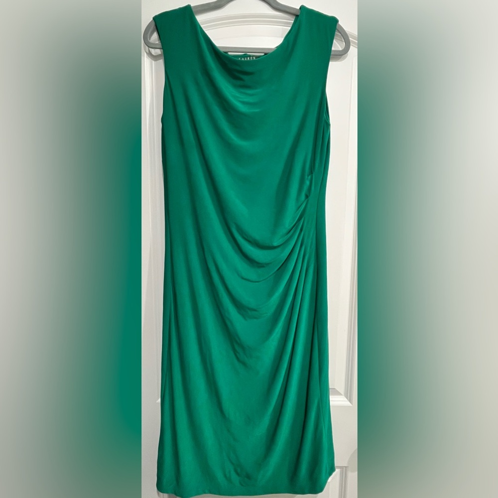 Lauren Ralph Lauren Green Jersey Dress Drape Neck Side Ruching Lined Stretch 12